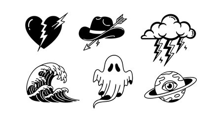 This set of black and white vector icons includes a broken heart, cowboy hat with arrow, thundercloud with lightning, ocean wave, ghost, and planet with an eye, presented in a minimalist style. Mysterious mood.のイラスト素材