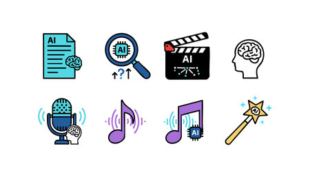 This vector set features artificial intelligence icons including brain, microphone, music notes, magnifying glass, video clapper, and magic wand. Clean style with blue and purple accents creates a modern, creative mood.のイラスト素材