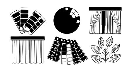 This vector set features paint color swatches, curtain designs, fabric samples, and leaf icons in black and white, ideal for design and decoration projects. Artistic and versatile.のイラスト素材