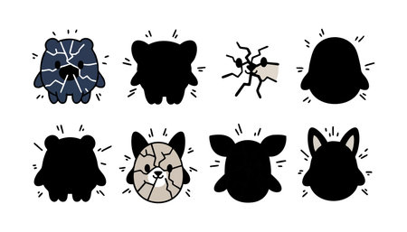 This vector set shows cracked animal face icons with detailed fractures and solid silhouettes. It includes multiple species in a bold, graphic style ideal for digital and print art. Dynamic mood.のイラスト素材