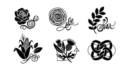 Vector set features black silhouette floral and botanical icons including rose, corn, thistle, leaf, and knot elements in a clean style. Suitable for design projects. Elegant mood.のイラスト素材
