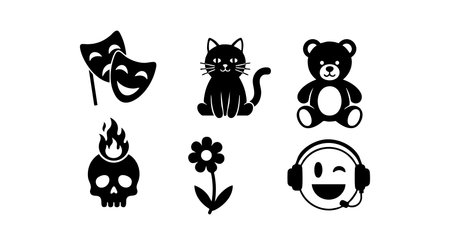 This vector features black silhouette icons of a cat, teddy bear, comedy masks, flaming skull, flower, and a smiling emoticon wearing headphones, presented in a clean style. Playful.のイラスト素材