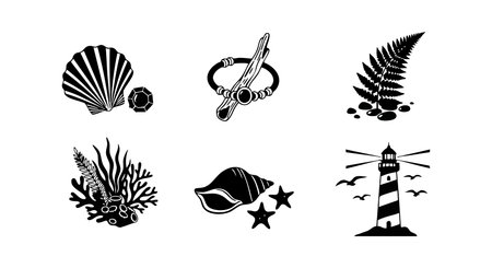 This vector set features black silhouette icons of nautical elements such as seashells, coral, starfish, and lighthouse, representing marine life and coastal themes in a simple style. Calm and minimalistic.のイラスト素材
