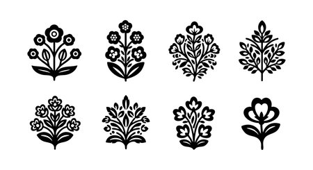 This vector file features a collection of decorative flower icons in black silhouette style, showing diverse floral designs for use in creative projects and graphic decoration. Elegant.のイラスト素材