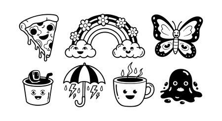 This vector features adorable black and white cartoon icons including pizza, rainbow, butterfly, coffee, umbrella, jellyfish with cheerful faces. The playful style creates a joyful and whimsical mood.のイラスト素材