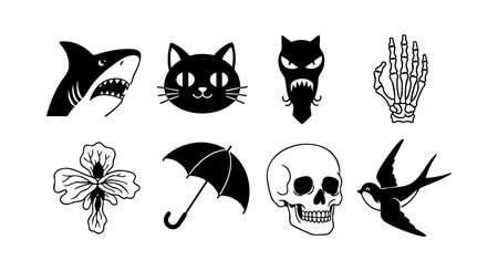 Set of black and white vector icons including shark, cat, devil, skeleton hand, flower, umbrella, skull, and swallow in simple style, presenting bold and clear shapes. Minimalist and striking.のイラスト素材