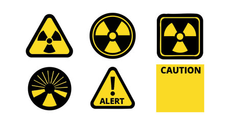 This vector file shows six radiation hazard warning signs with caution and alert symbols in black and yellow. It features clear safety icons in a flat style, informative and cautionary mood.のイラスト素材