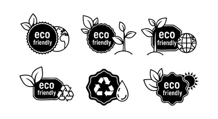 This vector set features eco-friendly icons in black and white with leaves, globe, water, recycling, and sun symbols, promoting environmental awareness and sustainability. Clear and simple style. Calm.のイラスト素材