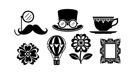 Set of vintage style black silhouette icons featuring mustache with monocle, top hat with glasses, teacup, hot air balloon, flowers, and ornate picture frame in vector format. Classic mood.のイラスト素材