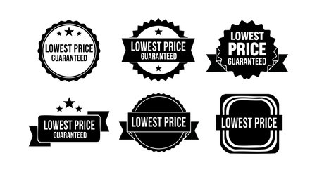 Set of six black and white lowest price guaranteed badges with stars and ribbons used for advertising and marketing. Simple vector design with bold shapes. Clear and professional mood.のイラスト素材