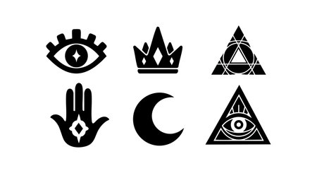 This vector file displays a collection of esoteric symbols such as an eye, crown, crescent moon, hand, and geometric shapes in black silhouette style. The design is mystical and enigmatic.のイラスト素材