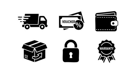 Black delivery truck, discount voucher, wallet, open package, lock, and warranty badge icons shown in simple vector style, emphasizing security and service efficiency. Clean and professional mood.のイラスト素材