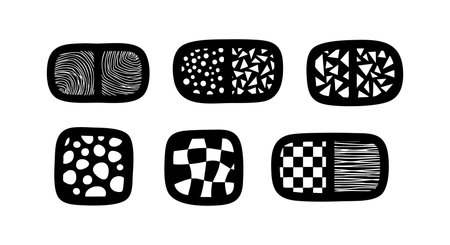 This vector illustration presents six abstract black and white geometric patterns featuring ovals and squares with diverse textures and shapes, creating a visually striking modern artistic composition. Contemporary mood.のイラスト素材