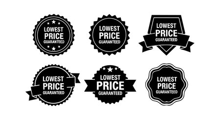 This vector file shows six black and white badges with lowest price guaranteed text, ideal for sales and promotions, featuring ribbon and star designs in a clean style. Clear and professional mood.のイラスト素材