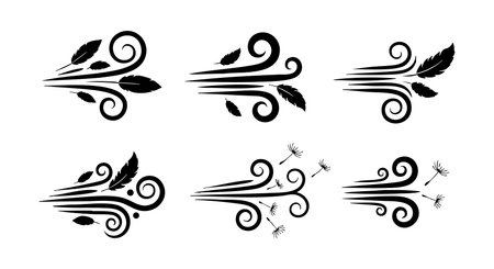 This vector set features stylized wind icons with swirling lines, leaves, and motion effects illustrating natural breeze and air movement. Simple, clean, and elegant design. Calm mood.のイラスト素材