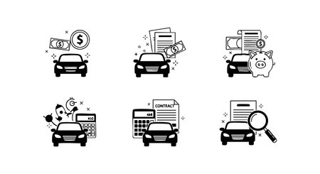 Vector illustrations depict car loan process with money, documents, calculator, piggy bank, and magnifying glass in black and white style, showing financial analysis and planning, informative mood.のイラスト素材