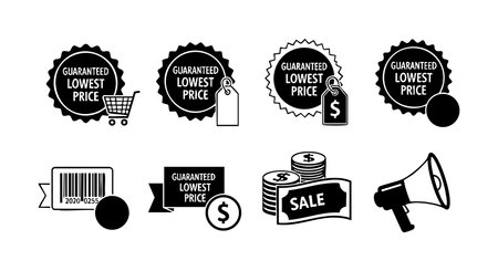 Vector set displays guaranteed lowest price badges with shopping cart, barcode, price tags, money, sale, and megaphone icons in black and white style, offering promotional marketing elements. Clean and bold design, professional.のイラスト素材