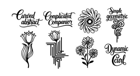 This vector features diverse abstract floral elements including curved, geometric, dynamic, and complicated designs, perfect for creative projects and artistic decoration. Elegant and versatile style.のイラスト素材