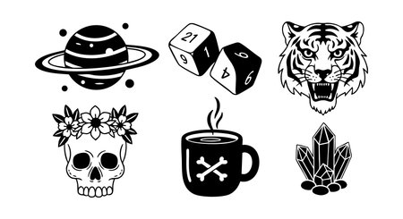 This vector set presents detailed black and white icons including a roaring tiger, floral skull, faceted crystals, gaming dice, a ringed planet, and a steaming coffee cup with skull symbol, all in a bold style. Artistic and striking.のイラスト素材