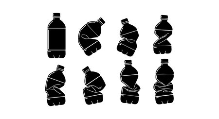 Vector illustration depicts a series of black silhouette plastic bottles in different stages of compression and crumpling, highlighting deformation and recycling concepts. Clean and minimal design, neutral mood.のイラスト素材