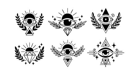 This vector set features six all-seeing eye symbols combined with geometric shapes and laurel wreaths, rendered in black for a mysterious mystical feel. Artistic and enigmatic.のイラスト素材