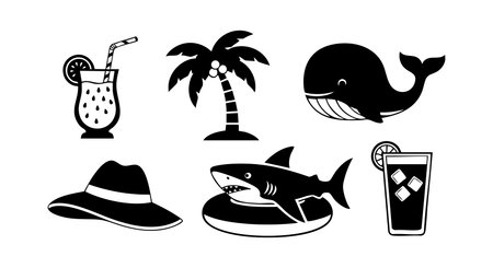 This vector set features tropical summer icons including a palm tree, whale, shark, refreshing drinks, and a sun hat in black silhouette style, perfect for beach vacation themes. Relaxed mood.のイラスト素材