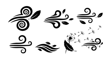 This vector file features black silhouette icons of wind gusts combined with leaf and dandelion seed designs, illustrating natural air movement in a simple, elegant style. Calm and airy mood.のイラスト素材