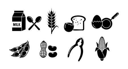This vector file shows black silhouette icons of milk, wheat, bread, egg, corn, peanut, soy, and nut. The simple shapes represent common food items clearly and cleanly. Minimalist style, functional mood.のイラスト素材