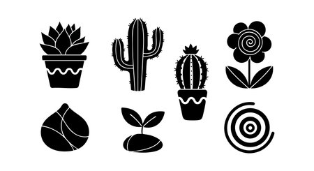 This vector set features black silhouettes of various plants including cactus, succulent, flower, and seed shapes in a minimalistic style. The design is clean and nature-inspired, calm mood.のイラスト素材