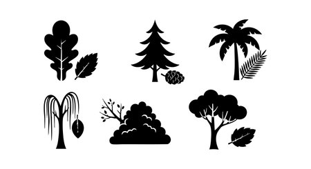 This vector features black silhouettes of different tree types and leaves, showcasing natural shapes and styles suitable for design projects, creating a simple and elegant mood.のイラスト素材