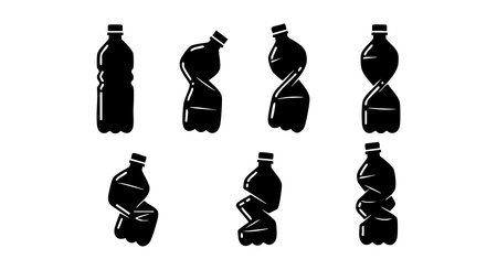 This vector features a set of crushed plastic bottles in various shapes and angles, highlighting recycling and environmental themes in a clean black silhouette style. Informative and minimalistic.のイラスト素材
