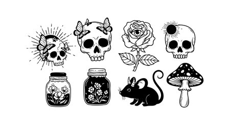 This vector features black and white gothic skulls adorned with butterflies, a detailed rose, a mouse, a mushroom, and jars with floral elements, perfect for tattoo or sticker art. Dark and mysterious mood.のイラスト素材