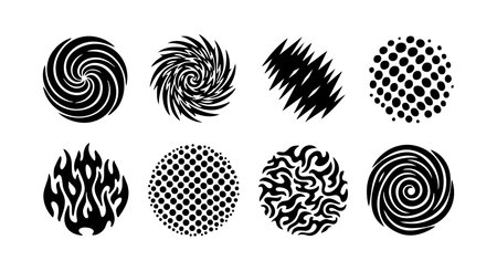 This vector features eight abstract black circular swirl shapes with dotted, flame, and zigzag patterns, ideal for creative graphic design and digital art projects, dynamic and artistic.のイラスト素材