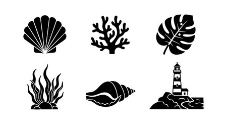 Silhouettes of seashell, coral, seaweed, and lighthouse represent marine life and coastal environment in black vector style, creating a nautical and natural mood.のイラスト素材