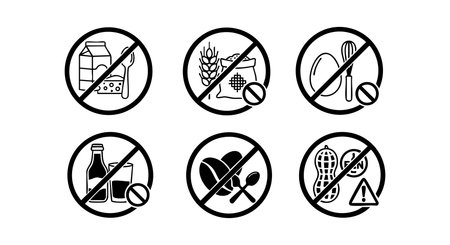 Vector icons depict common food allergens including dairy, gluten, nuts, and eggs with clear crossed symbols and warning signs, conveying allergen caution in a simple, clear style. Informative and cautionary.のイラスト素材