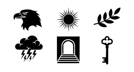This vector file presents black silhouette icons of an eagle head, sun, branch, thunderstorm, arched door, and vintage key, all displayed with clear contrast and minimalistic style, evoking boldness.のイラスト素材