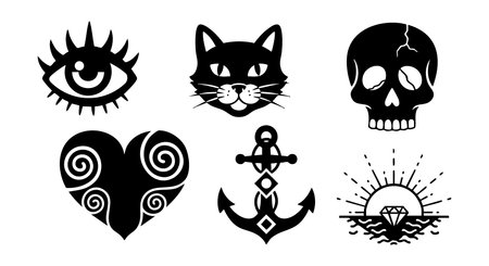 This vector set presents black gothic symbols featuring an eye, cat face, skull, spiral heart, anchor, and diamond sun, all in a bold flat style. Dark mood.のイラスト素材