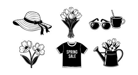 This vector set features spring sale t-shirt, floral elements, wide-brim hat, sunglasses, watering can, and cup in black and white line art style. It conveys a fresh, cheerful mood.のイラスト素材
