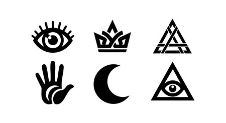 This vector set features mystical symbols such as an eye, crown, triangle, hand, crescent moon, and all-seeing eye rendered in black silhouette style, evoking mystery and enigma.のイラスト素材