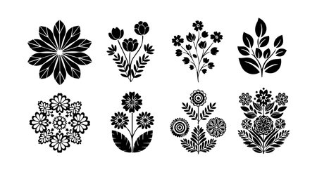 Set of black silhouette floral designs featuring diverse flowers and leaves in a vector format, showing elegant botanical shapes with simple contrast, perfect for decoration. Calm.のイラスト素材