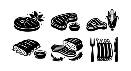 This vector illustration shows different grilled meat cuts with sauce and corn, ideal for barbecue, cooking, and food-related designs. It features a monochrome style, simple and clear. Cheerful.のイラスト素材