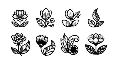 This vector set features eight black and white floral designs with flowers and leaves in different shapes and styles, perfect for decoration and creative use, elegant and artistic.のイラスト素材