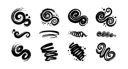 This vector set features abstract black swirl brush strokes with spiral and twirl shapes, ideal for artistic and creative design use. The style is dynamic and expressive.のイラスト素材
