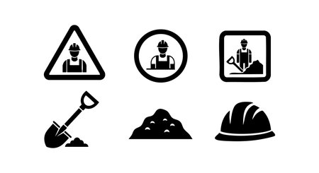 Set of six black construction-related icons featuring worker, helmet, shovel, and soil elements, designed for industry safety communication and awareness, simple and clear style, professional mood.のイラスト素材