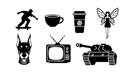 Vector icons collection includes skateboarder, coffee cup, takeaway cup, fairy, dog head, television, and tank silhouettes in black. Simple, bold, and versatile design. Modern mood.のイラスト素材