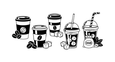 Black and white vector illustration showing coffee cups with ice cubes and a sugar jar, emphasizing beverage and cafe themes in a clean, minimal style. Simple and clear.のイラスト素材