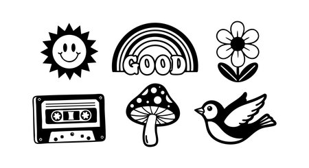 Black and white vector illustration features a smiling sun, a rainbow with good text, flower, cassette tape, mushroom, and flying bird with cheerful mood.のイラスト素材