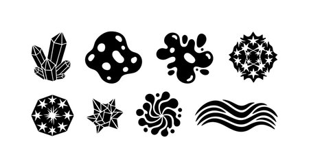 This vector image presents abstract black and white crystal and star shapes in a clean, minimalist style with sharp contrasts and clarity. Calm.のイラスト素材