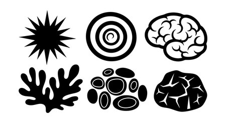 This vector illustration shows abstract black silhouette icons including a brain, sun, coral, cells, and cracked stone in a simple design, creative mood.のイラスト素材