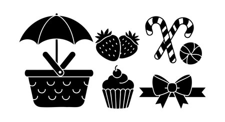 Black silhouette vector illustration showing picnic basket, strawberries, cupcake, candy canes, bow, and ball, creating a simple and cozy mood.のイラスト素材